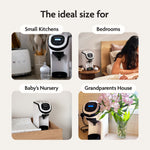 The Baby Brezza UK BUNDLE Formula Pro Mini White and SuperQuick Steriliser Black is shown in a small kitchen, bedroom, nursery, and grandparents’ house—demonstrating its perfect compact size for every space. - product thumbnail