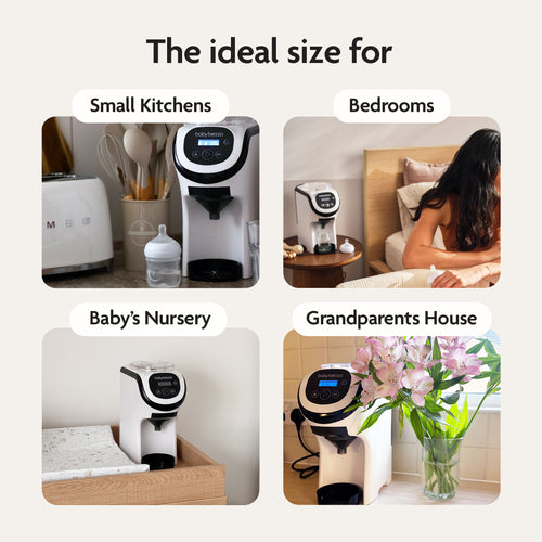 Four images of the Baby Brezza UK Formula Pro Mini in a kitchen, bedroom, nursery, and grandparent’s house show its versatility as a compact automatic bottle maker that's ideal for any space. - product thumbnail