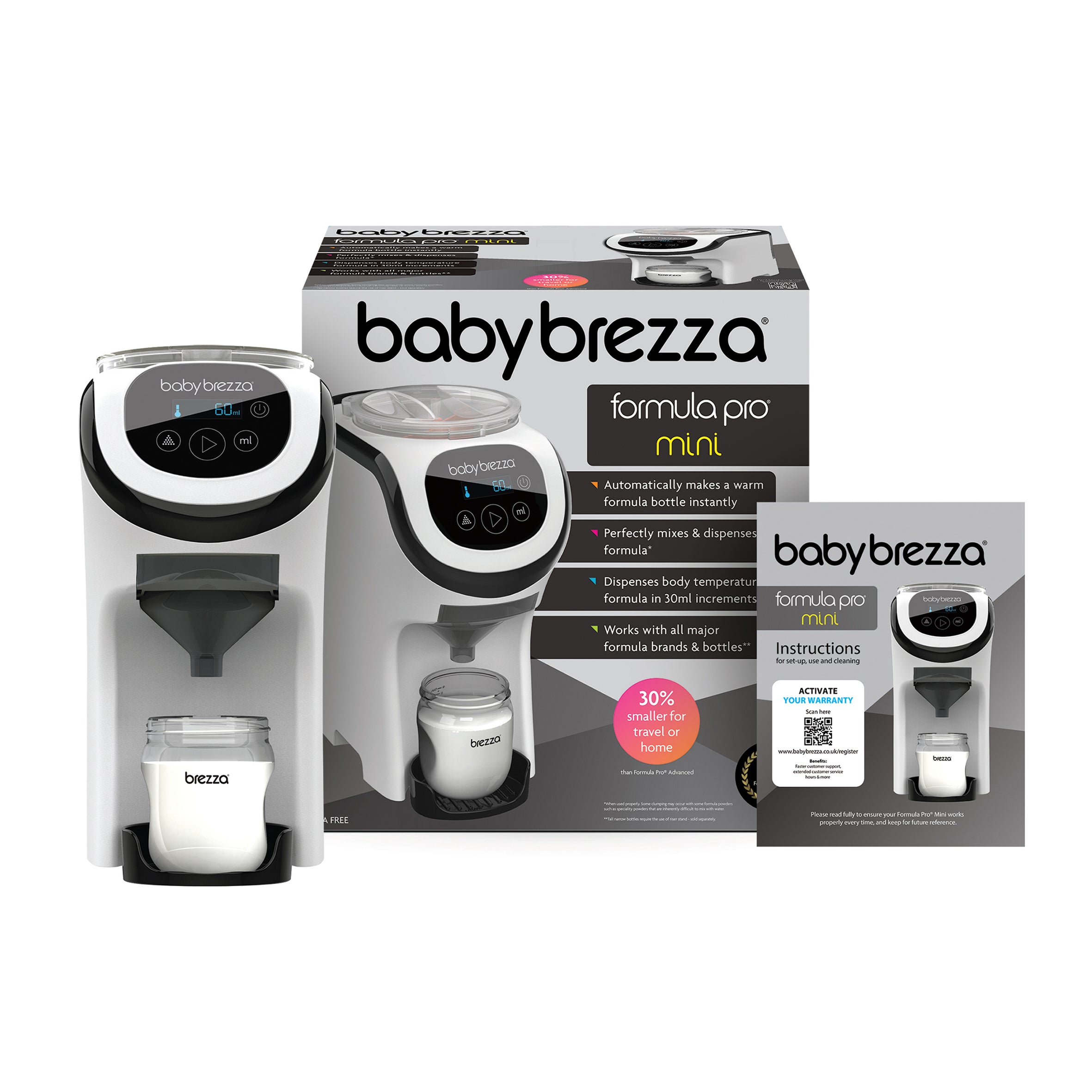 The BUNDLE: Formula Pro Mini + Spare Funnel and Cover by Baby Brezza UK is shown in white and black with a digital display, alongside its branded box, spare funnel, cover, and product instruction booklet. - product thumbnail