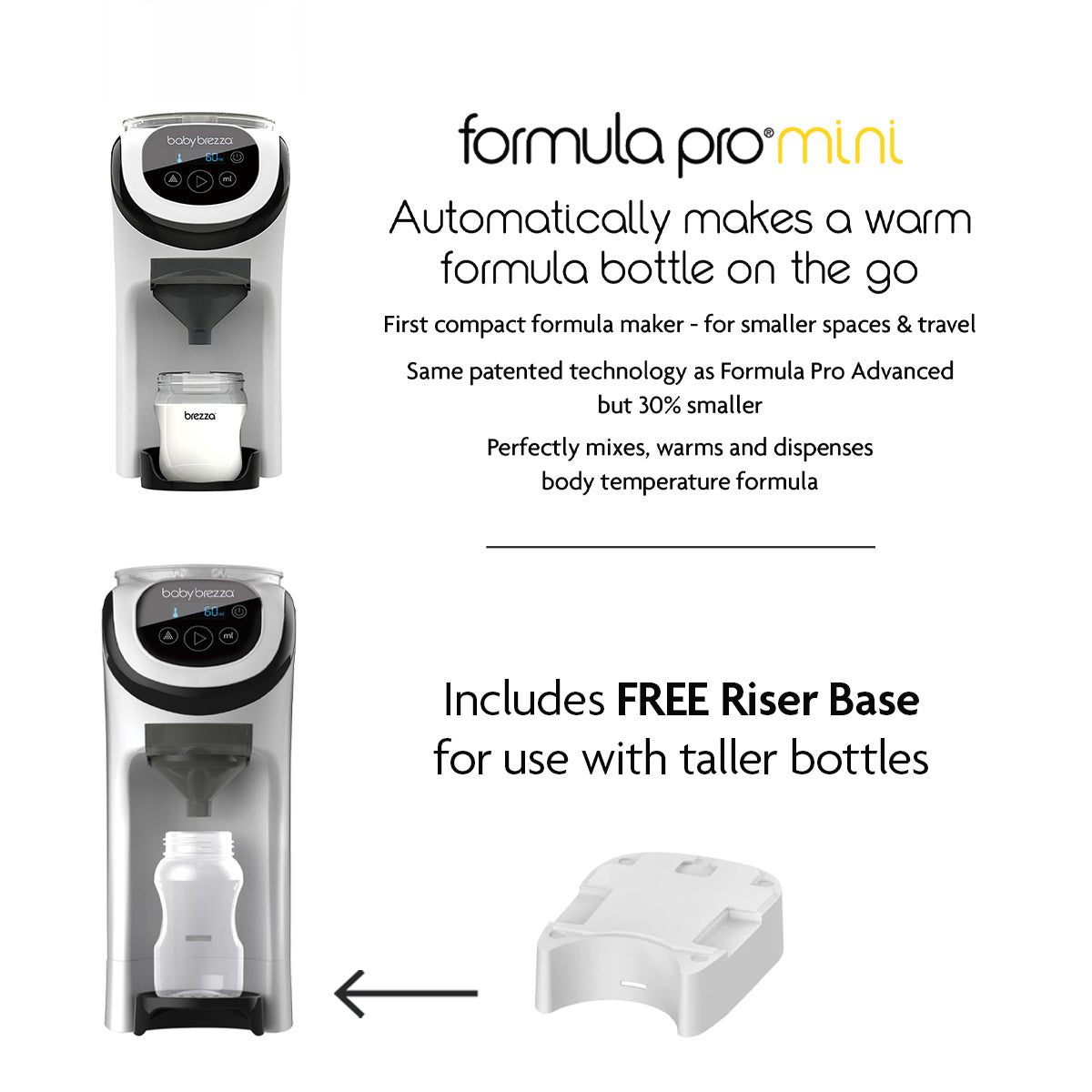 The image features the Baby Brezza UK BUNDLE: Formula Pro Mini + Riser preparing a baby formula bottle, showcasing its compact size, free riser for taller bottles, and automatic warming and mixing for fast, portable use. - product thumbnail