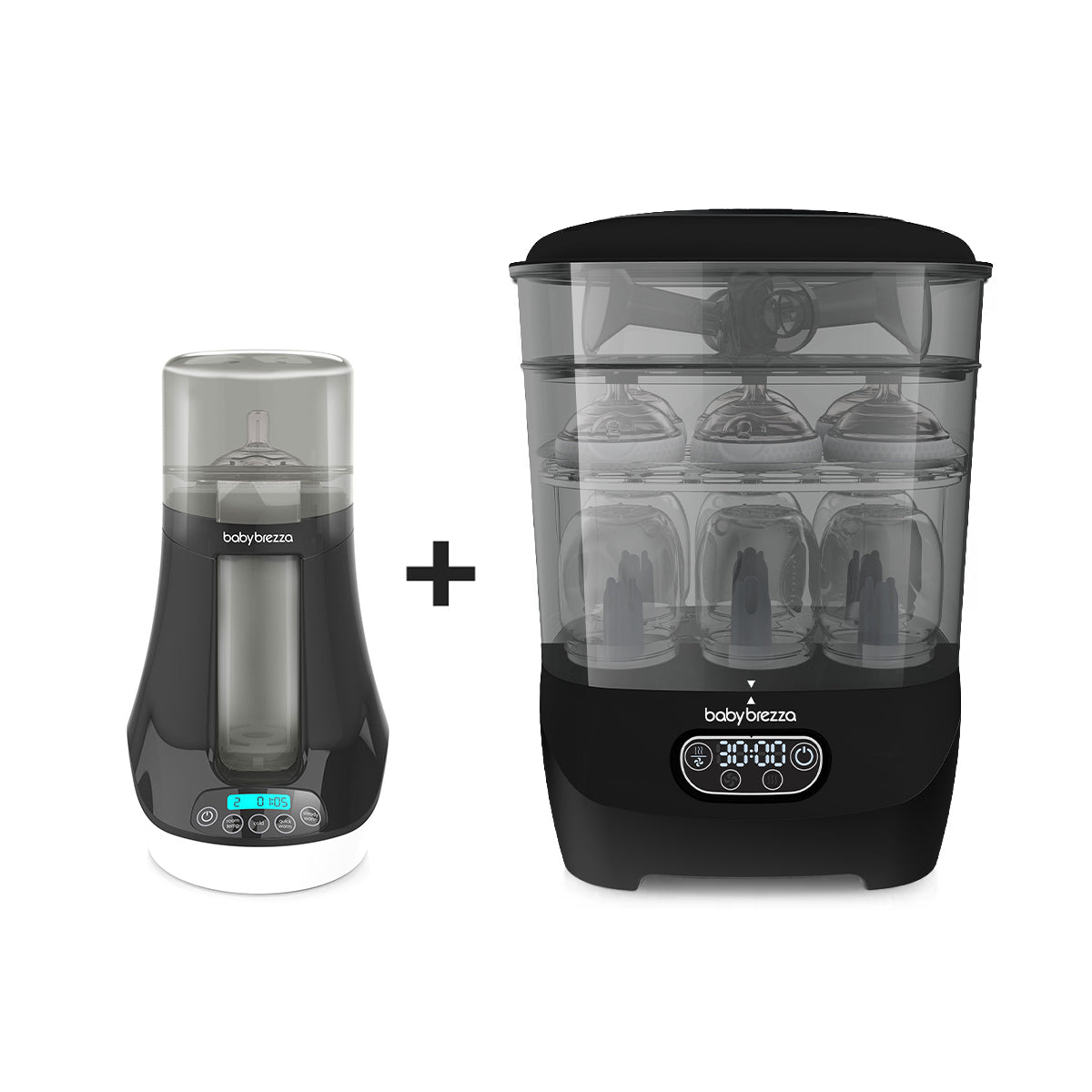 The Baby Brezza UK BUNDLE Steriliser Dryer Advanced Black and Bottle & Breast Milk Warmer shown side by side: the left is a universal warmer with digital display, while the right sterilises up to six bottles. - product thumbnail