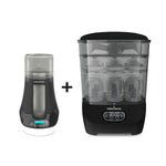 The Baby Brezza UK BUNDLE Steriliser Dryer Advanced Black and Bottle & Breast Milk Warmer shown side by side: the left is a universal warmer with digital display, while the right sterilises up to six bottles. - product thumbnail