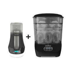 The Baby Brezza UK BUNDLE Steriliser Dryer Advanced Black and Bottle & Breast Milk Warmer shown side by side: the left is a universal warmer with digital display, while the right sterilises up to six bottles.