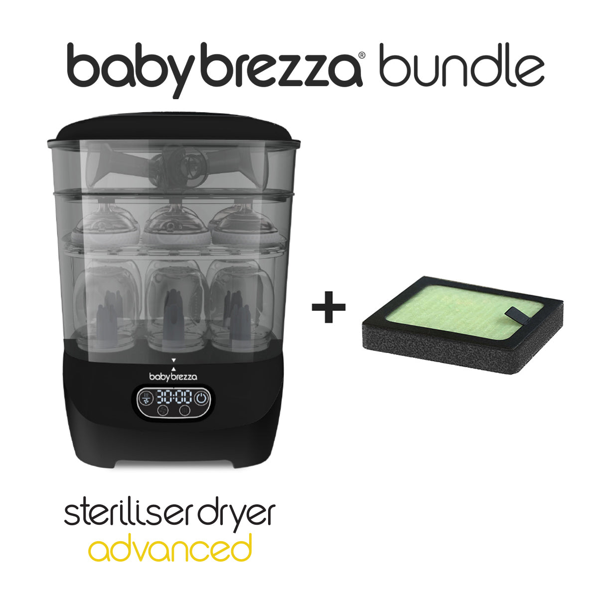 Baby Brezza UK BUNDLE: Steriliser Dryer Advanced + HEPA Filter - All Black shown side by side on a white background; text reads babybrezza bundle and baby bottle steriliser dryer. - product thumbnail