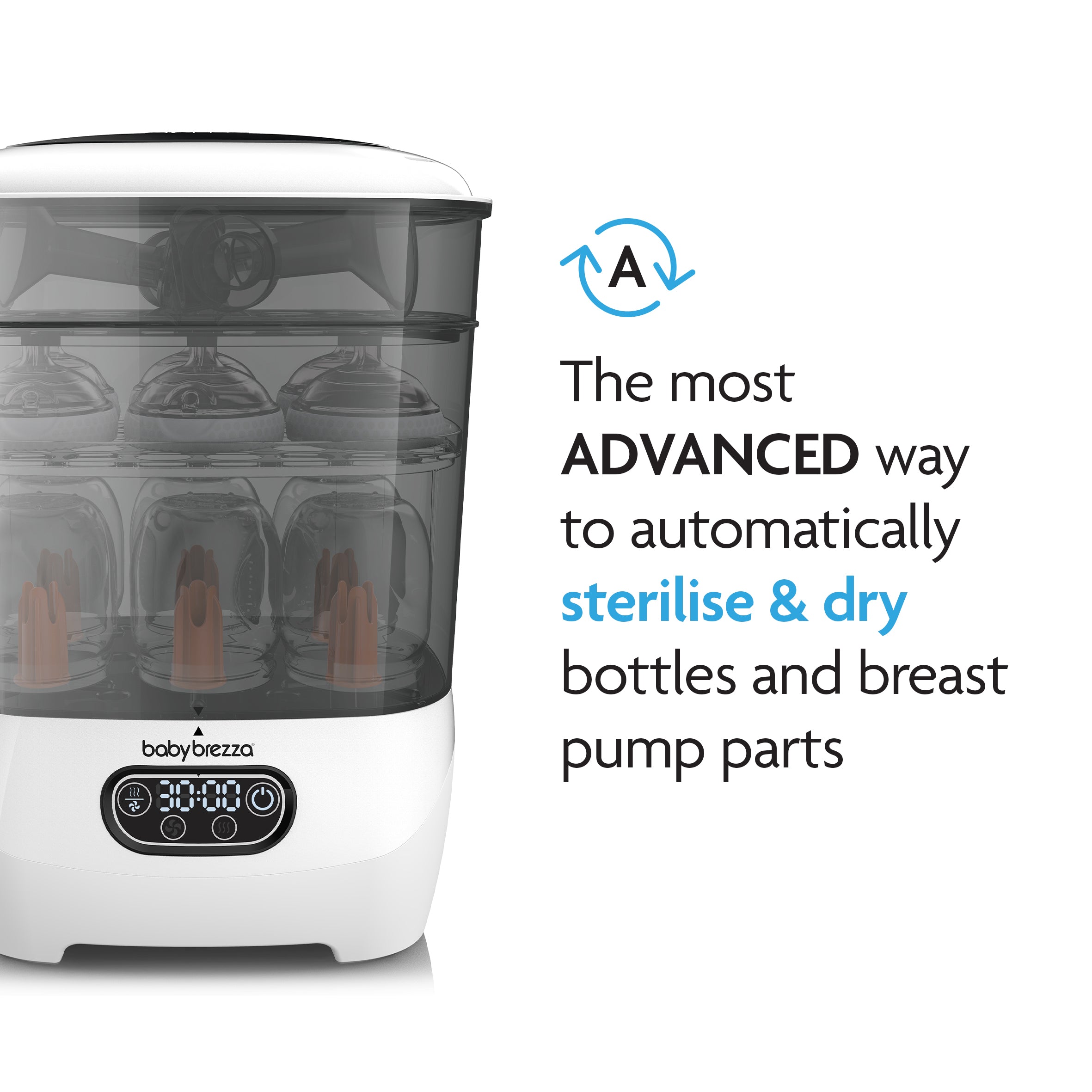 A Baby Brezza UK WARM & CLEAN BUNDLE: Steriliser Dryer Advanced + Bottle & Breastmilk Warmer is shown with bottles inside, next to text claiming it’s the most advanced way to automatically sterilise and dry bottles, featuring a HEPA filter. - product thumbnail
