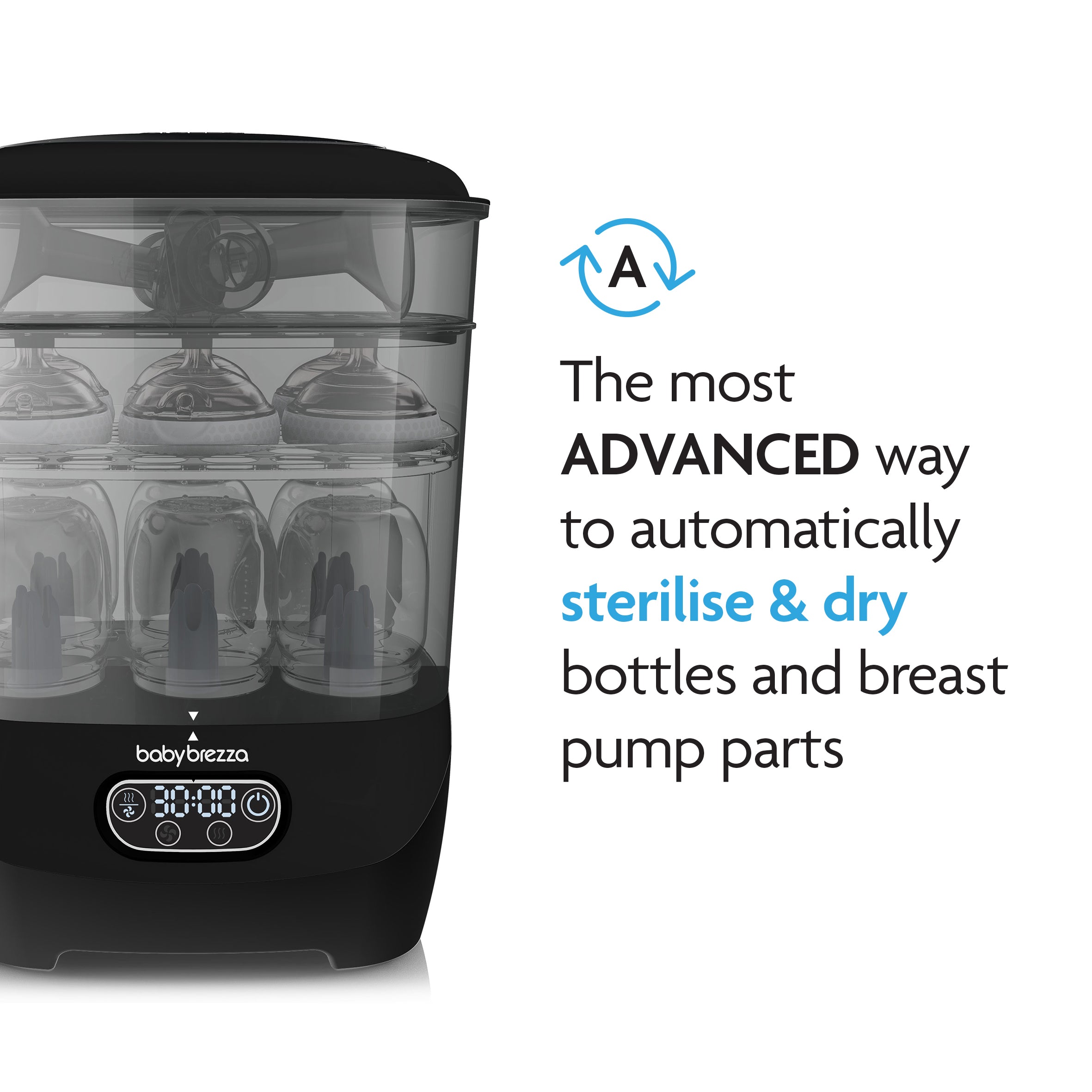 A black and clear Steriliser Dryer Advanced with bottles inside, shown with the text: The most advanced way to automatically sterilise & dry bottles and breast pump parts. - product thumbnail