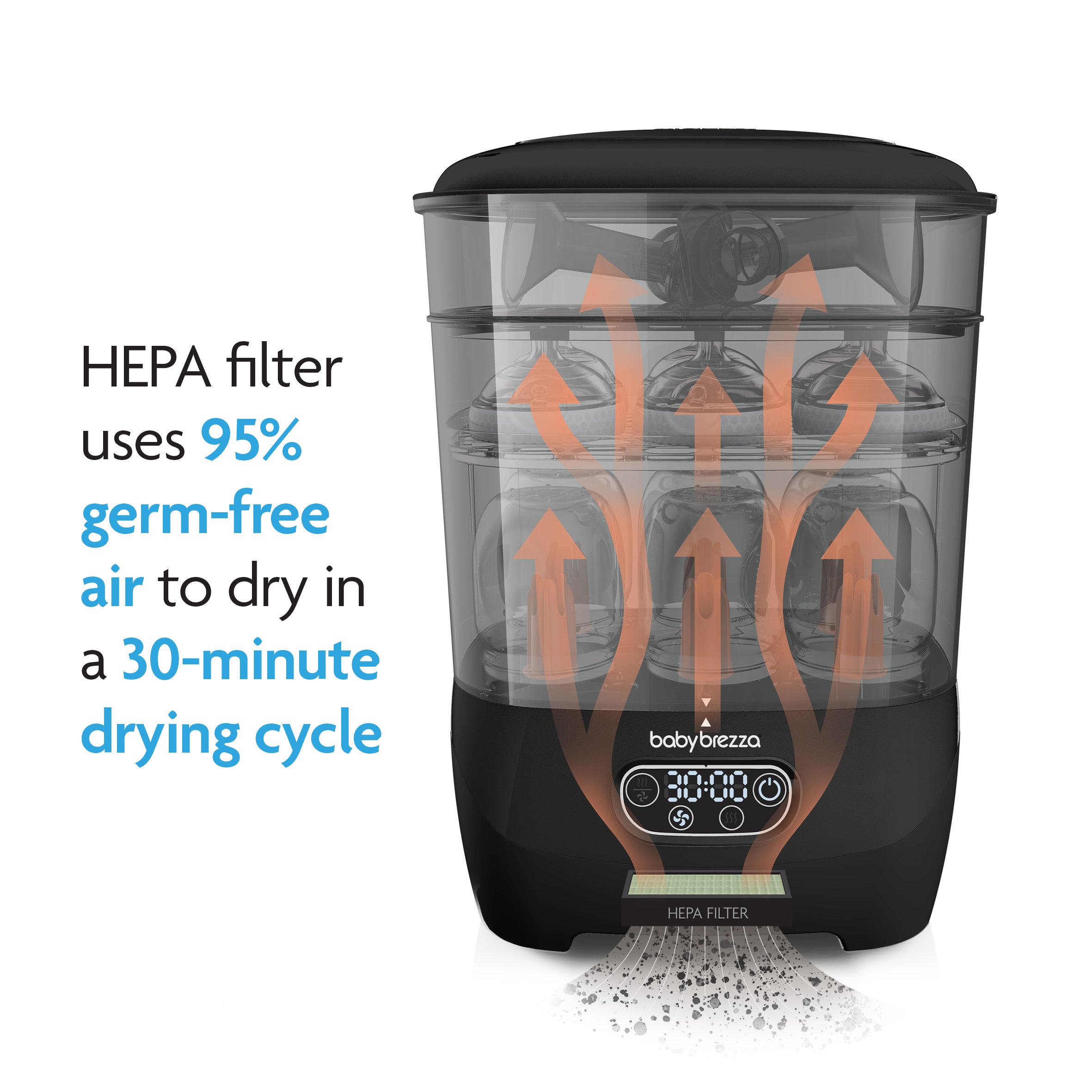 A black and clear Baby Brezza Steriliser Dryer Advanced shows orange airflow arrows. Text highlights its HEPA filter uses 95% germ-free air to dry bottles in a 30-minute sterilise and dry cycle. - product thumbnail