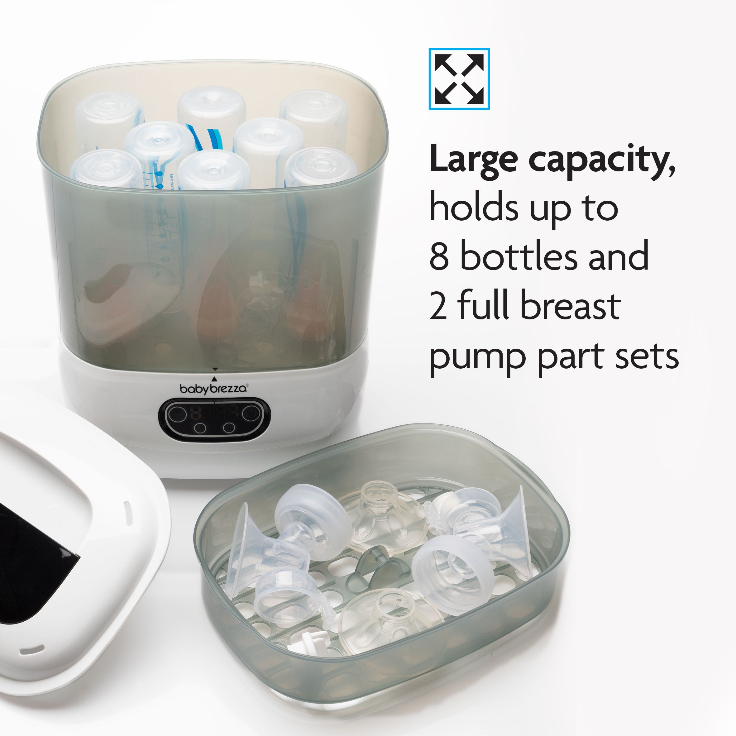 A Steriliser Dryer Advanced filled with baby bottles and breast pump parts, featuring text saying it has a large capacity—holding up to 8 bottles and 2 full breast pump part sets. - product thumbnail