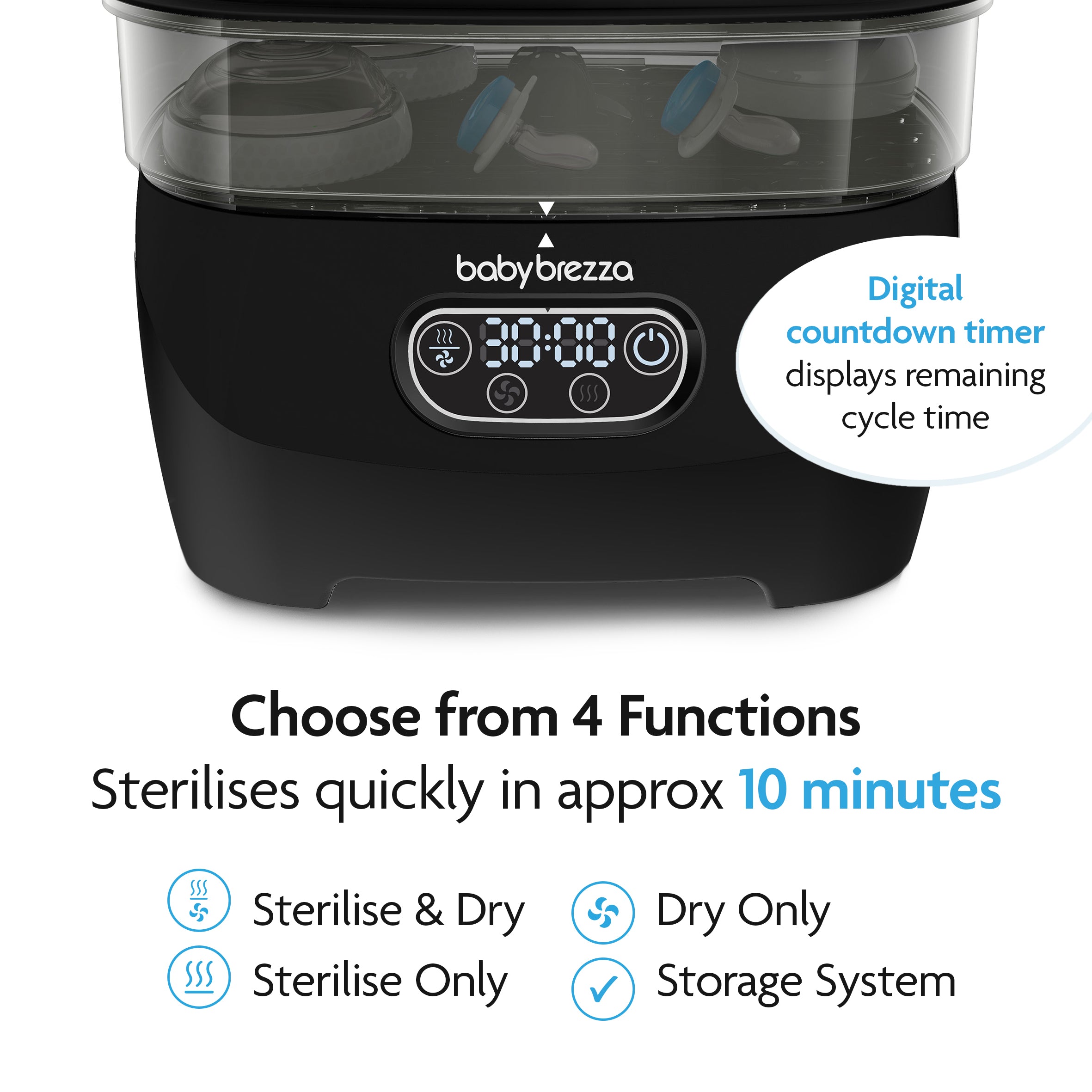 The Baby Brezza UK BUNDLE: Steriliser Dryer Advanced + Hepa Filter in all black features a digital timer and 4 modes—sterilise & dry, sterilise only, dry only, storage with HEPA filter. Sterilises bottles in about 10 minutes. - product thumbnail