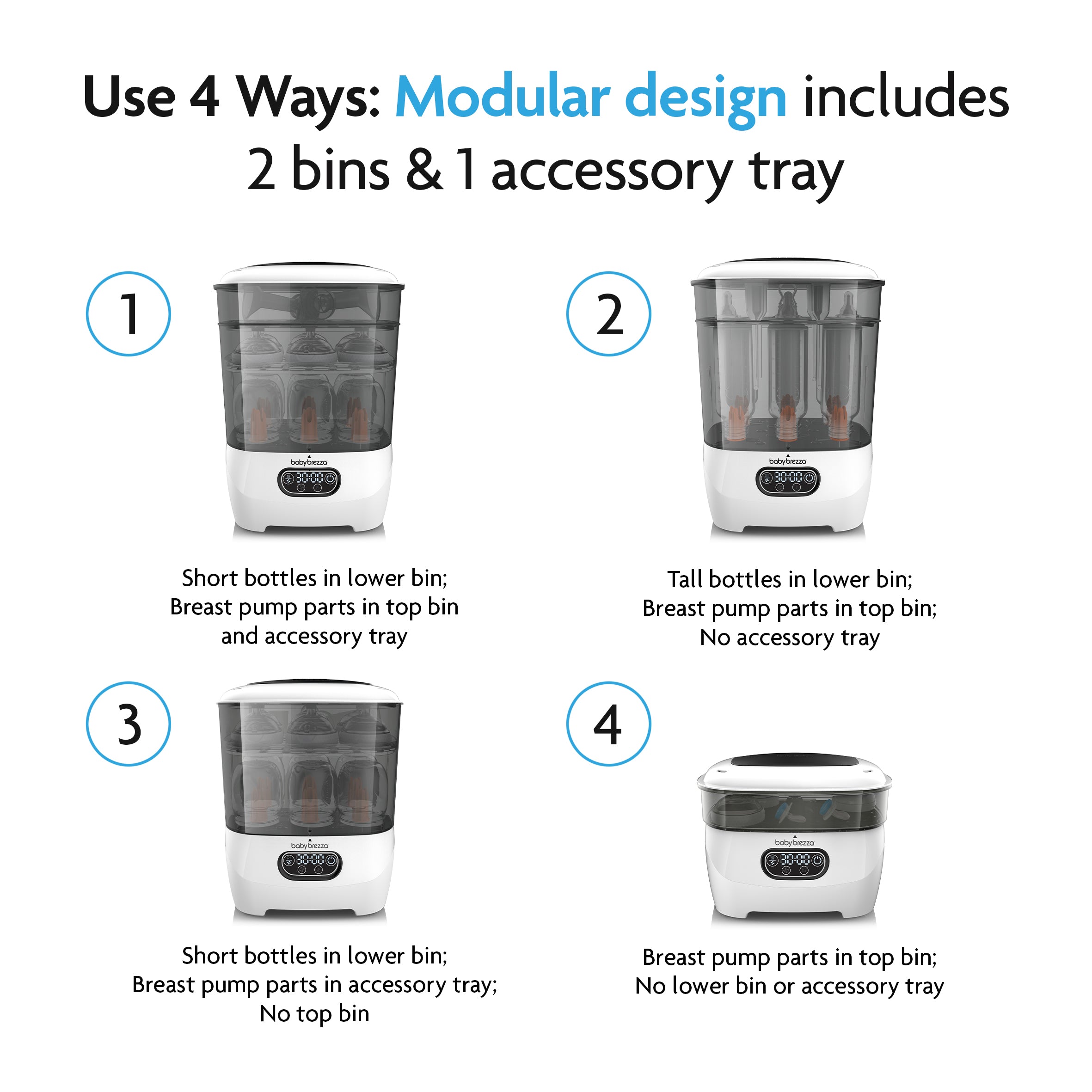 Image showing four ways to use the Steriliser Dryer Advanced: with short bottles, tall bottles, short bottles plus pump parts and tray, or pump parts only. Each configuration is labeled 1 to 4. - product thumbnail