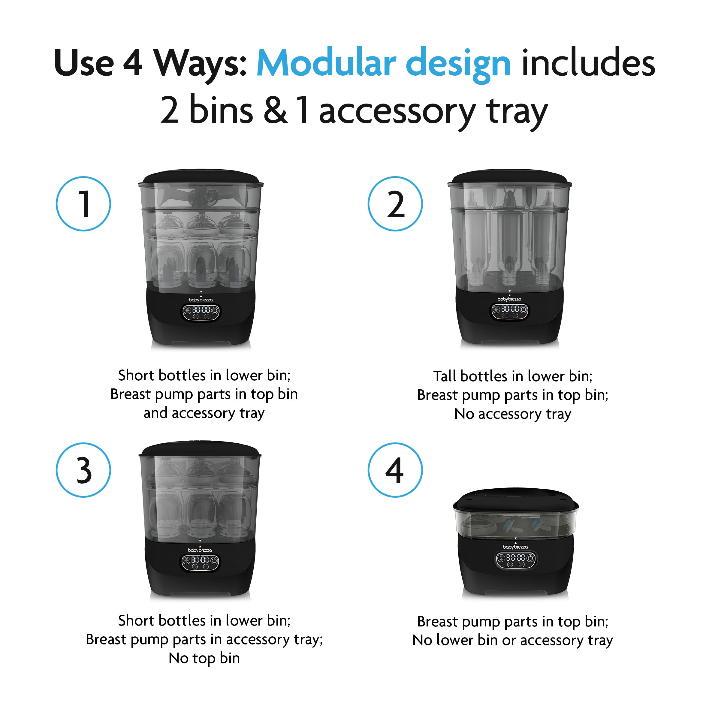 Four sterilizer setups of the Baby Brezza UK BESTSELLER BUNDLE: Formula Pro Advanced + Steriliser Dryer Advanced - All Black show versatile, modular arrangements for bottles, Formula Pro parts, and breast pump accessories to suit different needs. - product thumbnail