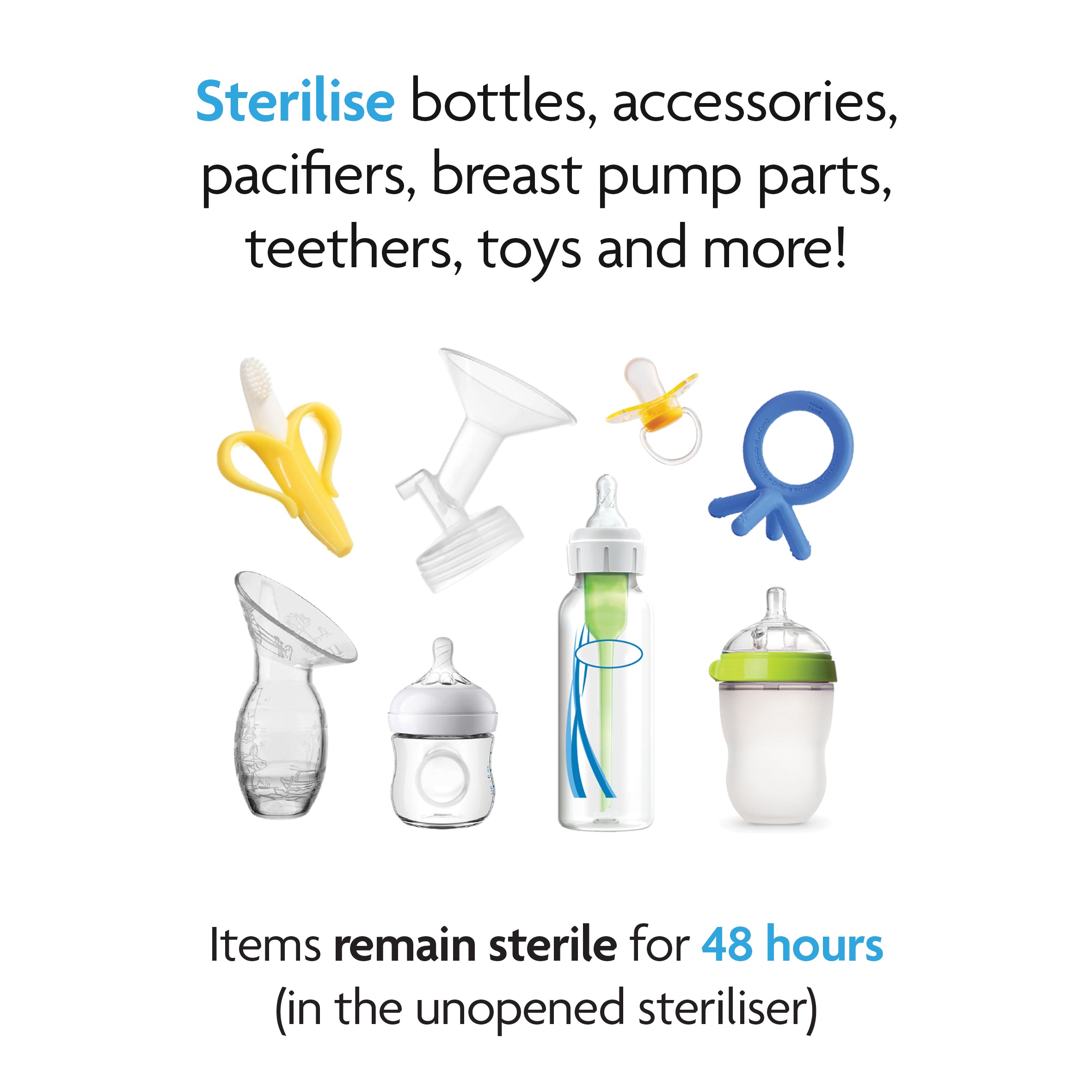 Image shows baby feeding and care items. Text: Sterilise with the Baby Brezza UK BUNDLE: Steriliser Dryer Advanced + Hepa Filter - All Black; items stay sterile for 48 hours in an unopened unit. - product thumbnail