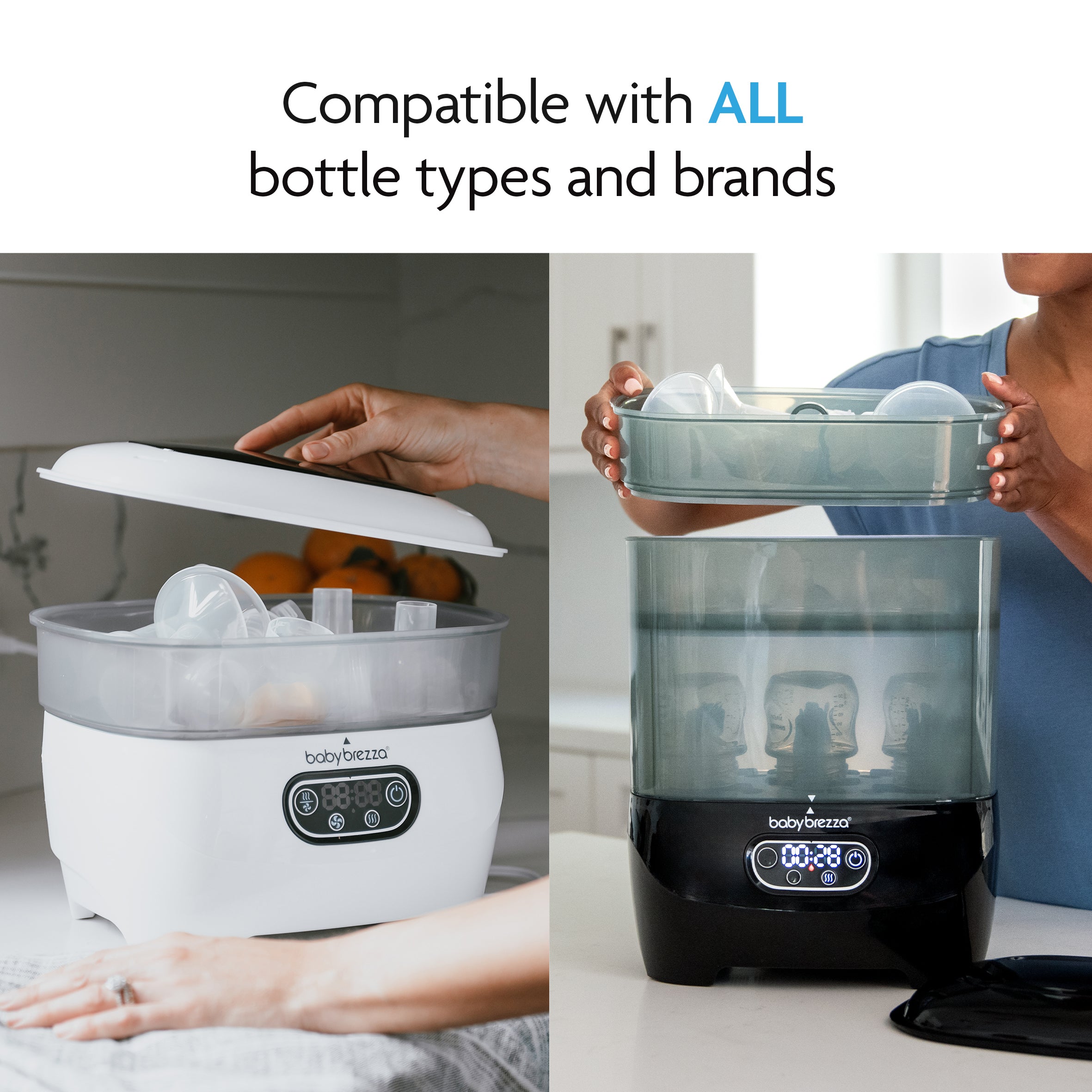 Two side-by-side images show hands placing baby bottles into two Baby Brezza UK BUNDLE: Steriliser Dryer Advanced + Hepa Filter - All Black units, with text above reading, Compatible with ALL bottle types and brands. - product thumbnail