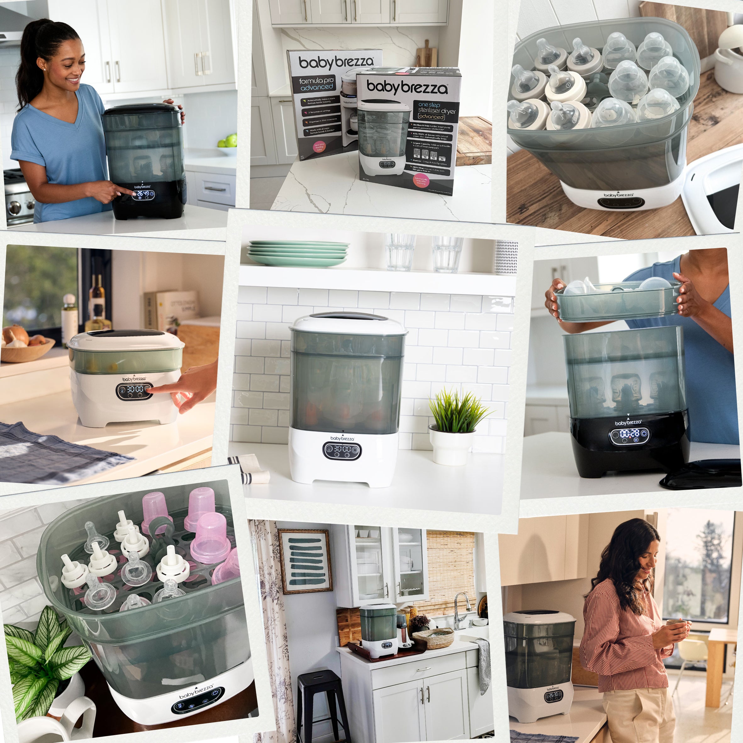 A collage of people using and displaying the Baby Brezza UK BUNDLE: Steriliser Dryer Advanced + HEPA Filter - All Black, shown sterilising bottles and accessories in various kitchens and home settings. - product thumbnail
