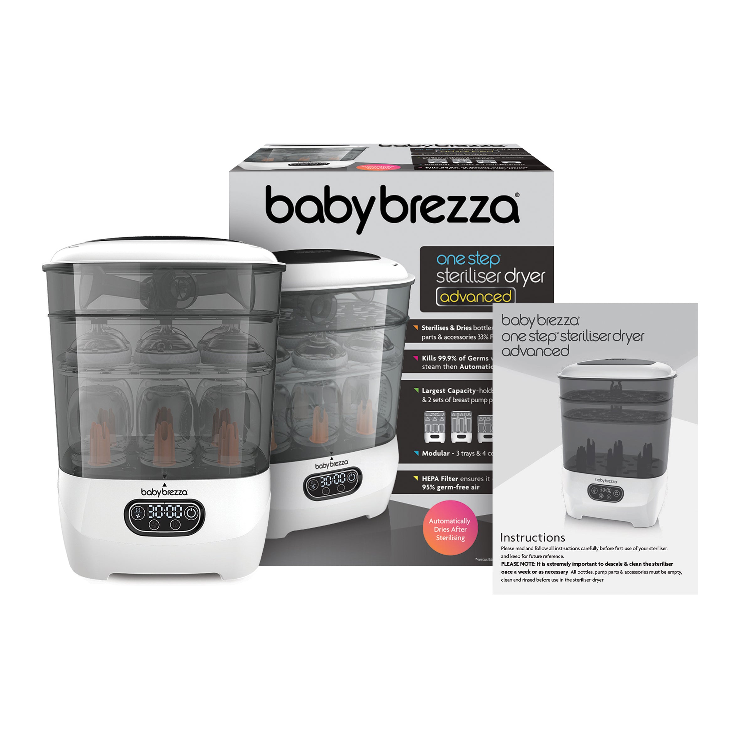A Baby Brezza UK Steriliser Dryer Advanced sits in front of its box with an instruction sheet nearby. This white device has a clear lid, digital display, and uses a HEPA filter for thorough baby bottle sterilisation and drying. - product thumbnail