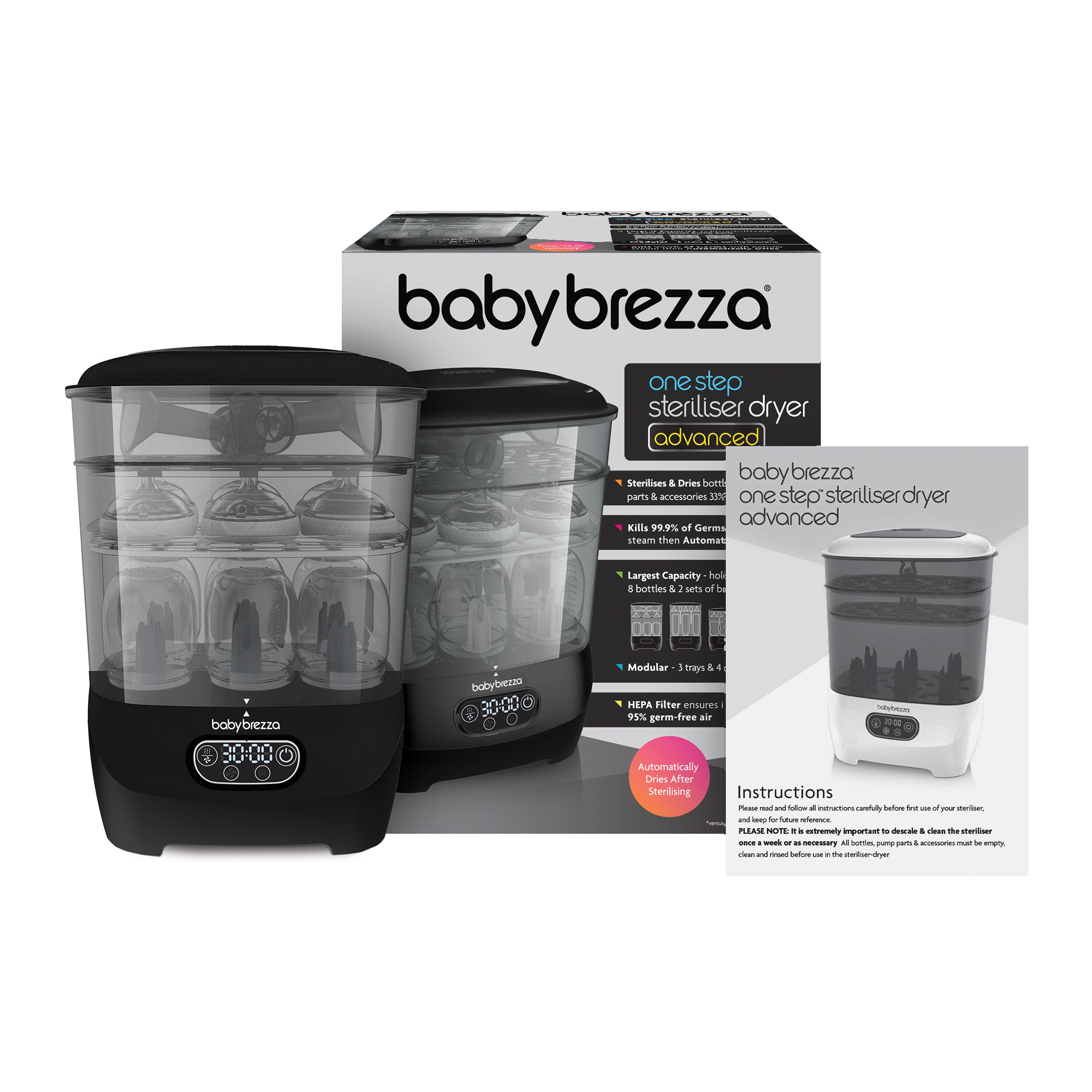 A Baby Brezza UK BUNDLE: Steriliser Dryer Advanced + HEPA Filter - All Black is shown with its box and instructions. The packaging highlights efficient bottle sterilising and drying, plus HEPA-filtered clean drying. - product thumbnail
