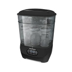 The Baby Brezza UK BUNDLE Steriliser Dryer Advanced Black and Bottle & Breast Milk Warmer offers a convenient feeding solution, shown holding bottles and accessories in its clear upper compartment alongside the digital display. - product thumbnail