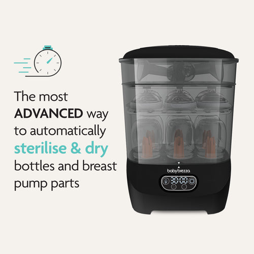 The Baby Brezza UK BUNDLE Steriliser Dryer Advanced Black and Bottle & Breast Milk Warmer automatically sterilises, dries, and warms bottles and pump parts—an advanced all-in-one solution for baby care. - product thumbnail