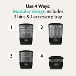 Image showing 4 ways to use the Baby Brezza BUNDLE Steriliser Dryer Advanced Black And Bottle & Breast Milk Warmer. Modular design with 2 bins & 1 tray offers versatile setups for bottle or breastmilk warming by Baby Brezza UK. - product thumbnail