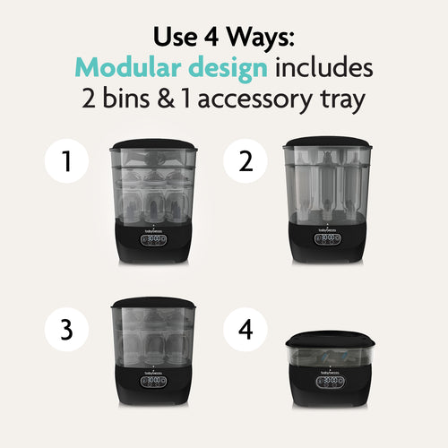 Image showing 4 ways to use the Baby Brezza BUNDLE Steriliser Dryer Advanced Black And Bottle & Breast Milk Warmer. Modular design with 2 bins & 1 tray offers versatile setups for bottle or breastmilk warming by Baby Brezza UK. - product thumbnail