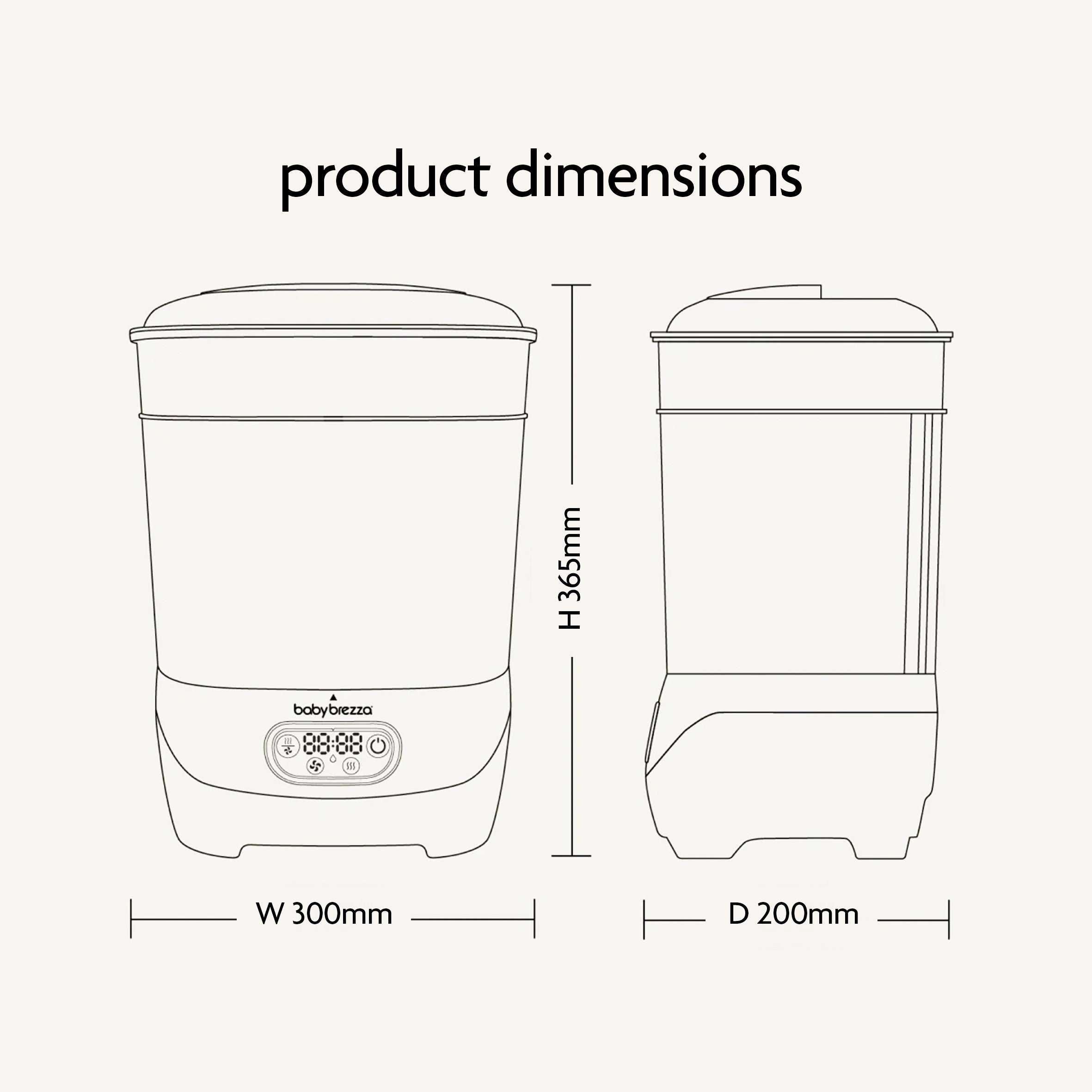 Line drawing of the Baby Brezza UK BUNDLE Steriliser Dryer Advanced Black and Bottle & Breast Milk Warmer, shown front and side, as a universal bottle warmer with dimensions: height 365mm, width 300mm, depth 200mm under “product dimensions.”. - product thumbnail