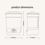 Line drawing of the Baby Brezza UK BUNDLE Steriliser Dryer Advanced Black and Bottle & Breast Milk Warmer, shown front and side, as a universal bottle warmer with dimensions: height 365mm, width 300mm, depth 200mm under “product dimensions.”. - product thumbnail