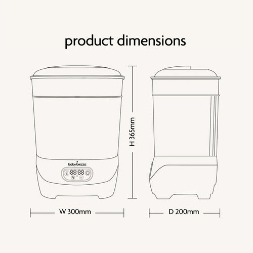 Line drawing of the Baby Brezza UK BUNDLE Steriliser Dryer Advanced Black and Bottle & Breast Milk Warmer, shown front and side, as a universal bottle warmer with dimensions: height 365mm, width 300mm, depth 200mm under “product dimensions.”. - product thumbnail