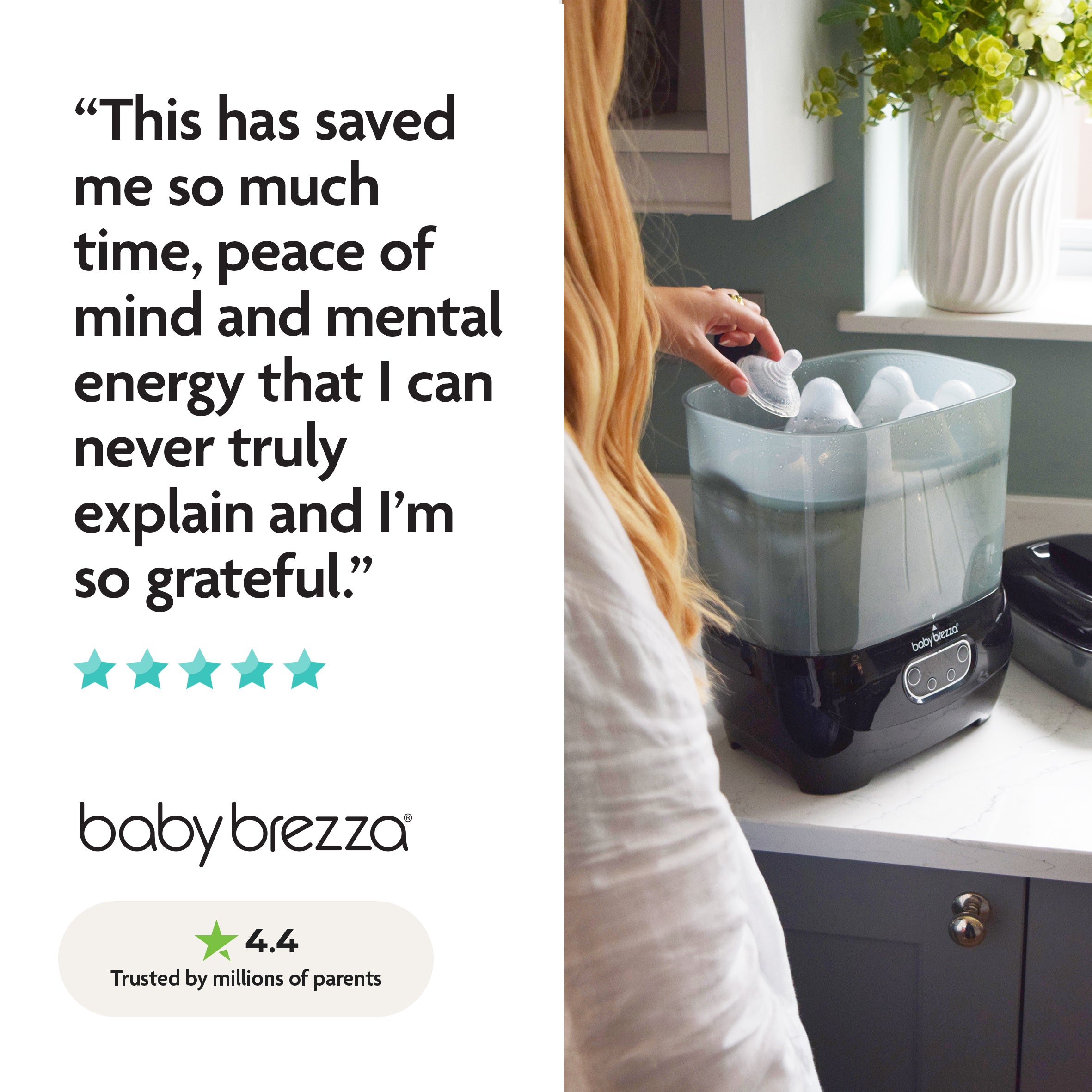 A woman loads bottles into the Baby Brezza UK BUNDLE Steriliser Dryer Advanced Black & Bottle & Breast Milk Warmer, a trusted favorite with glowing reviews, a five-star rating, and a 4.4-star score from millions of parents. - product thumbnail