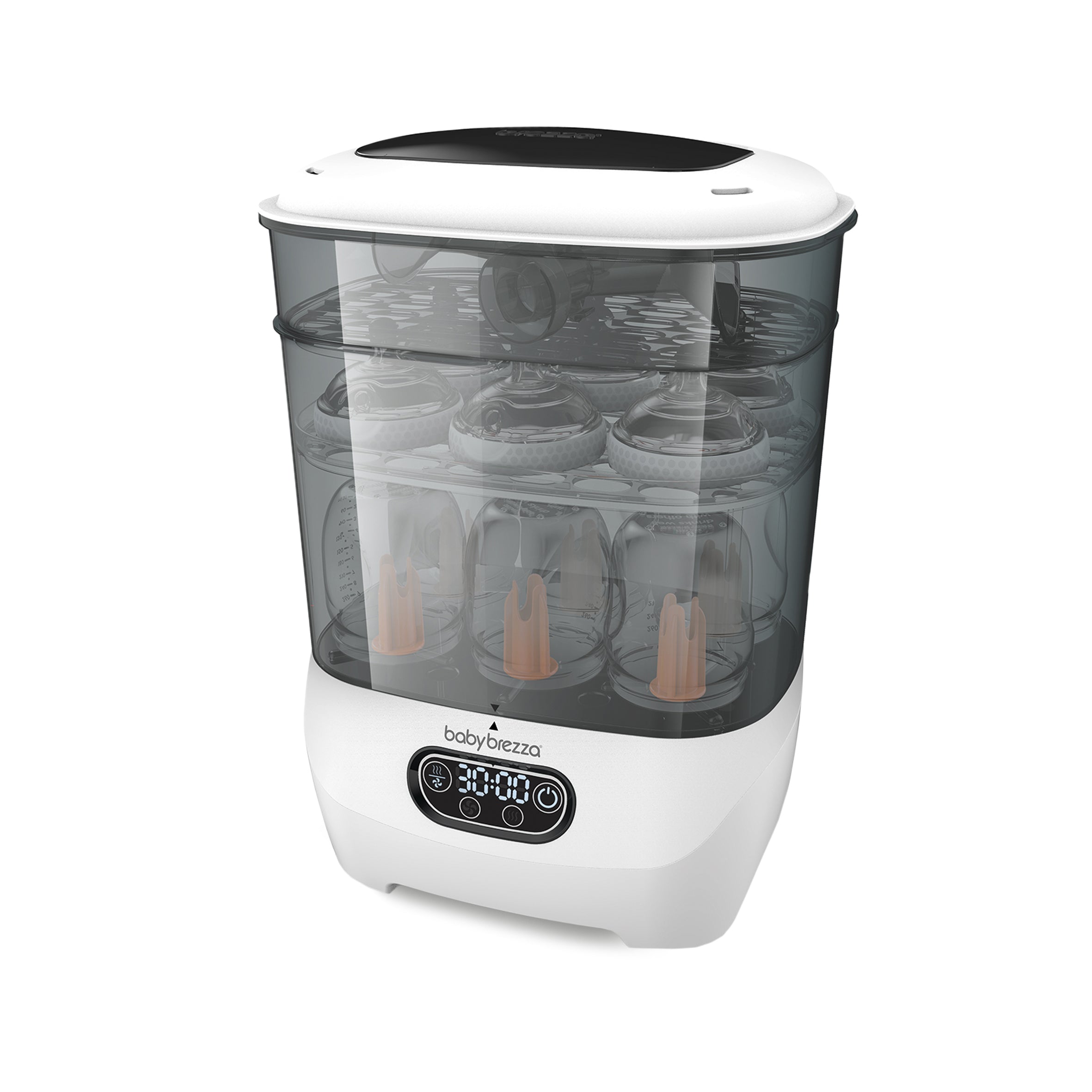 The Baby Brezza UK Steriliser Dryer Advanced features a transparent lid displaying bottles and accessories, a digital control panel on its white base, and a HEPA filter to ensure extra clean results. - product thumbnail