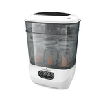 The Baby Brezza UK Steriliser Dryer Advanced features a transparent lid displaying bottles and accessories, a digital control panel on its white base, and a HEPA filter to ensure extra clean results. - product thumbnail