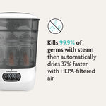 The Baby Brezza UK Steriliser Dryer Advanced kills 99.9% of germs with steam and dries bottles 37% faster using a HEPA filter. Germ and air purification icons are shown above the text. - product thumbnail