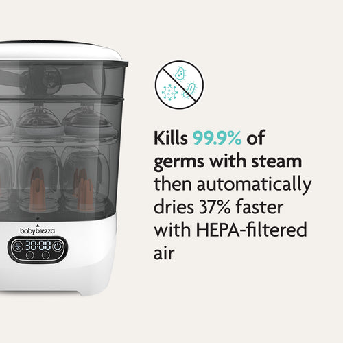 The Baby Brezza UK Steriliser Dryer Advanced kills 99.9% of germs with steam and dries bottles 37% faster using a HEPA filter. Germ and air purification icons are shown above the text. - product thumbnail