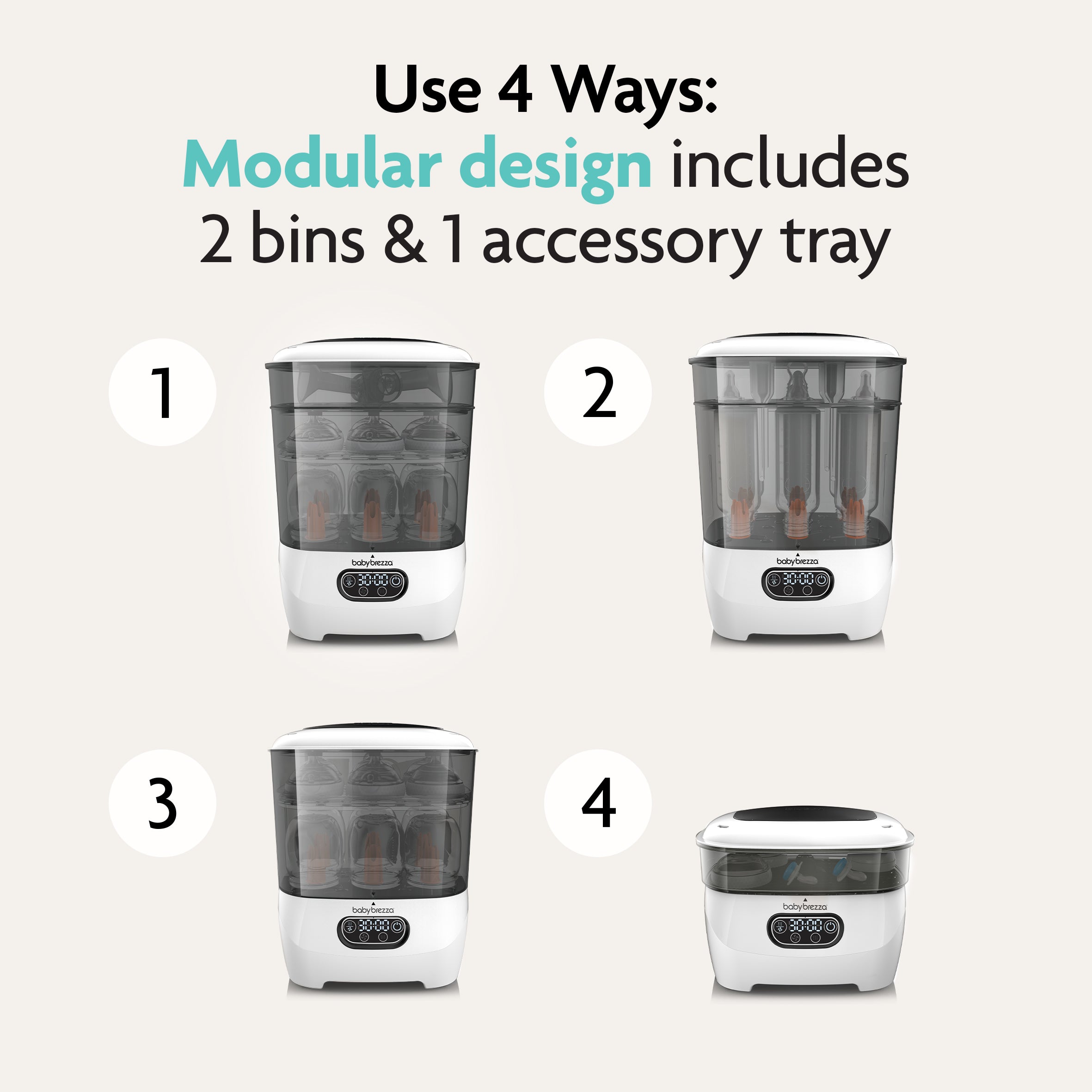 Use the Baby Brezza UK Steriliser Dryer Advanced 4 ways: modular design with 2 bins and an accessory tray lets you customise for any need. - product thumbnail