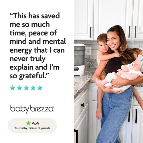 A smiling woman holds a baby and toddler in a kitchen by the Baby Brezza UK Steriliser Dryer Advanced. A testimonial praises its time-saving and peace of mind benefits, highlighted by a 4.4-star parent rating. - product thumbnail