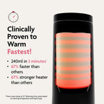 The Baby Brezza UK SuperFast Portable Bottle Warmer, shown glowing in black and red, is clinically proven to warm 240ml in just 3 minutes—67% faster and stronger than others. A clock icon appears above the text. - product thumbnail