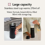 Two images show a black SuperFast Portable Bottle Warmer by Baby Brezza UK being filled with water and warming milk in a storage bag. Text explains it heats 270ml of water, formula, breastmilk, or a 180ml filled milk storage bag. - product thumbnail