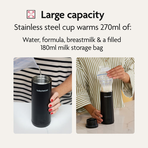 Two images show a black SuperFast Portable Bottle Warmer by Baby Brezza UK being filled with water and warming milk in a storage bag. Text explains it heats 270ml of water, formula, breastmilk, or a 180ml filled milk storage bag. - product thumbnail