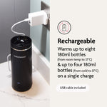 The Baby Brezza UK SuperFast Portable Bottle Warmer, in black, plugs into a wall outlet with the included USB cable. Rechargeable and fast, it warms up to 8 bottles per charge—perfect for travel or home use. - product thumbnail