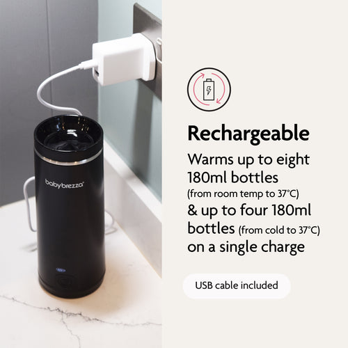 The Baby Brezza UK SuperFast Portable Bottle Warmer, in black, plugs into a wall outlet with the included USB cable. Rechargeable and fast, it warms up to 8 bottles per charge—perfect for travel or home use. - product thumbnail