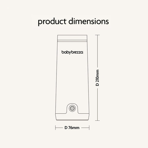 A line drawing of the Baby Brezza UK SuperFast Portable Bottle Warmer, 210mm tall and 76mm wide, featuring a simple rectangular form with rounded edges and labeled dimensions. - product thumbnail