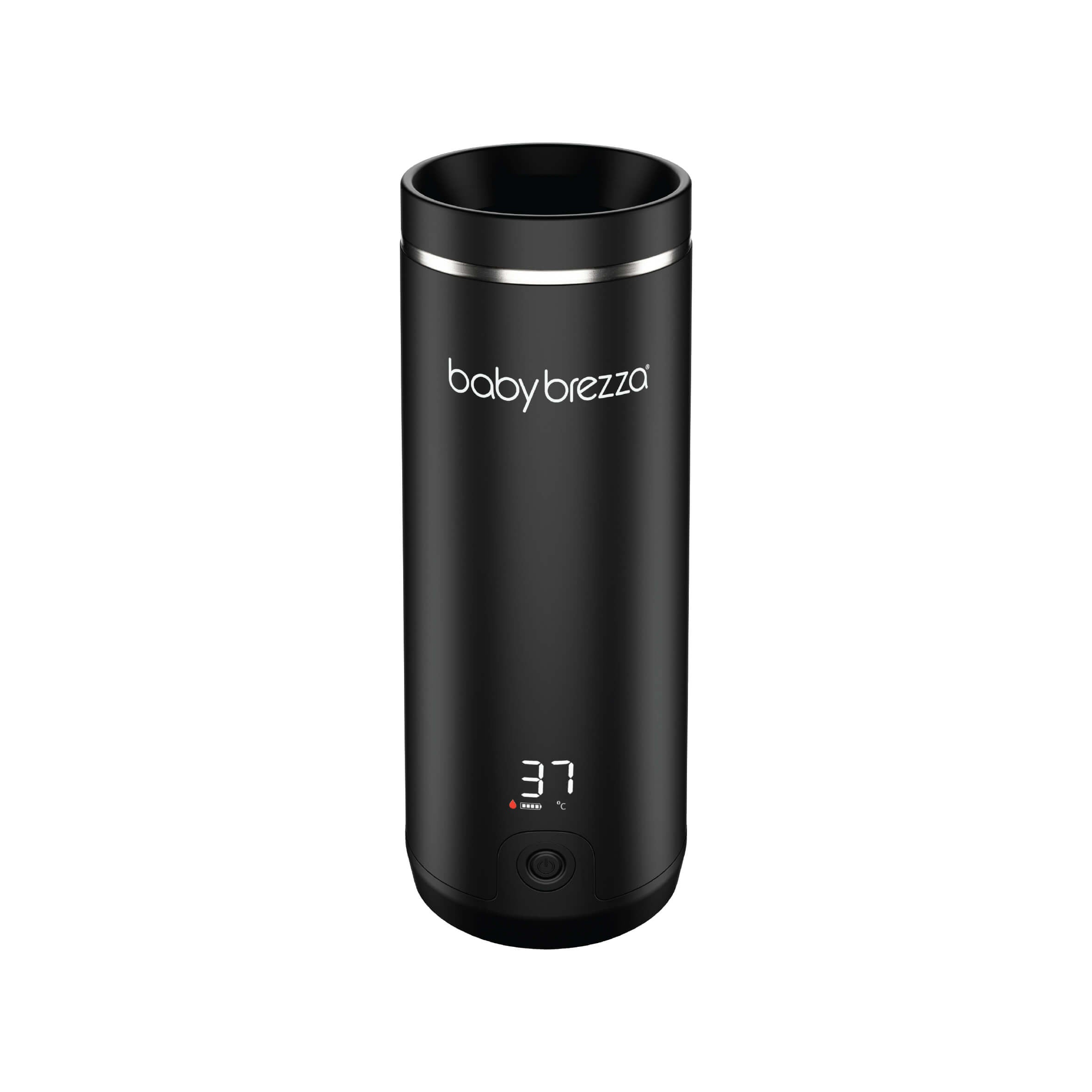 The Baby Brezza UK SuperFast Portable Bottle Warmer, in black, features a digital display at 37°C and a bottom power button for quick milk warming—shown on a plain white background. - product thumbnail