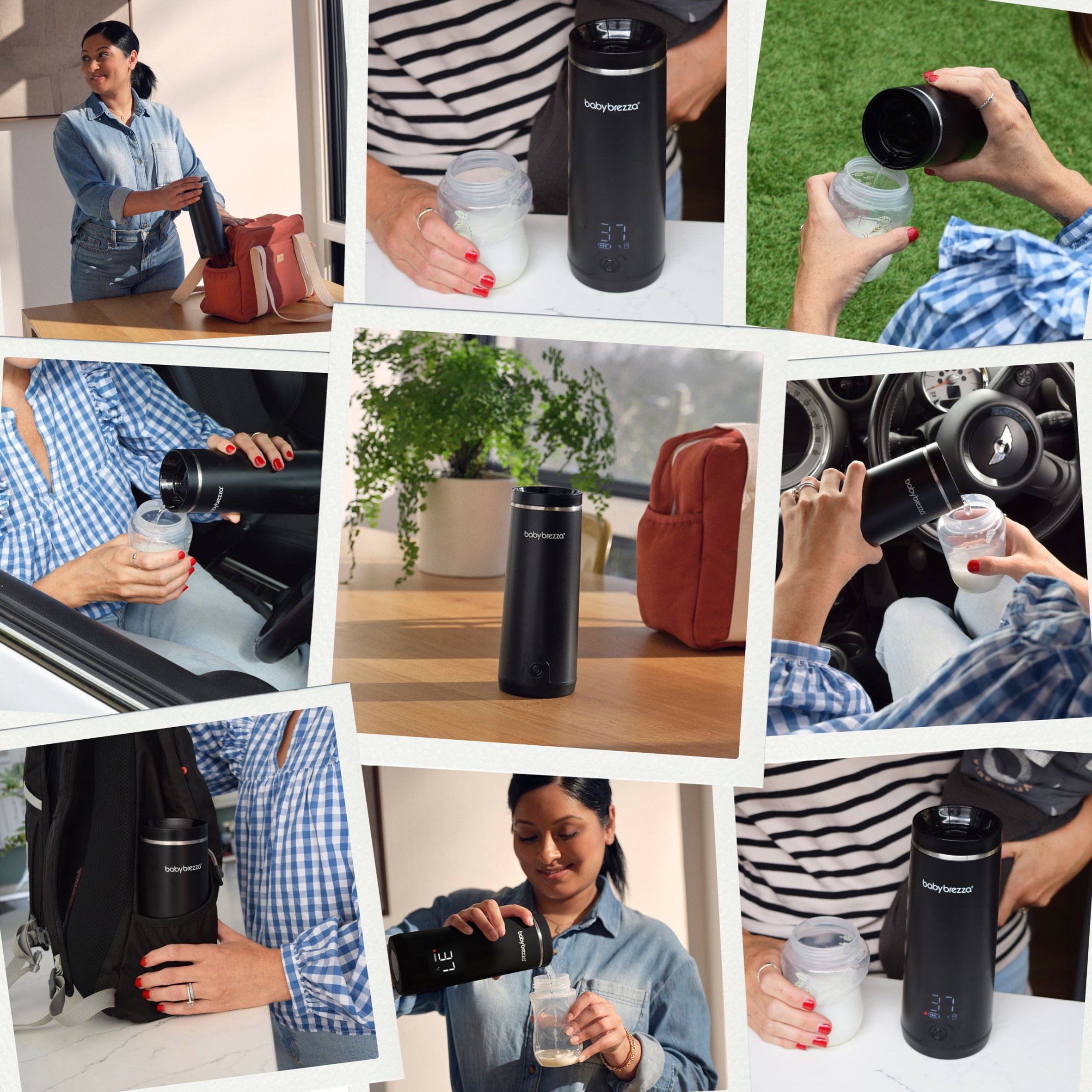 A collage features a woman using the Baby Brezza UK SuperFast Portable Bottle Warmer to heat baby bottles at home, outdoors, in a car, on-the-go, and pouring warm milk into a bottle. - product thumbnail