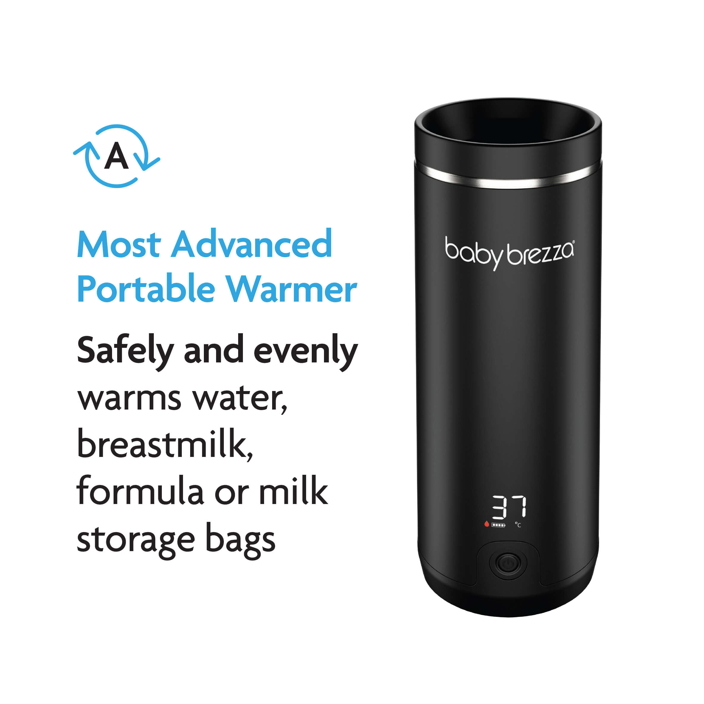A black Baby Brezza UK SuperFast Portable Bottle Warmer with digital display is shown. Text reads: Most Advanced Portable Warmer. Safely and evenly warms water, breastmilk, formula or milk bags—fast warming anywhere. - product thumbnail