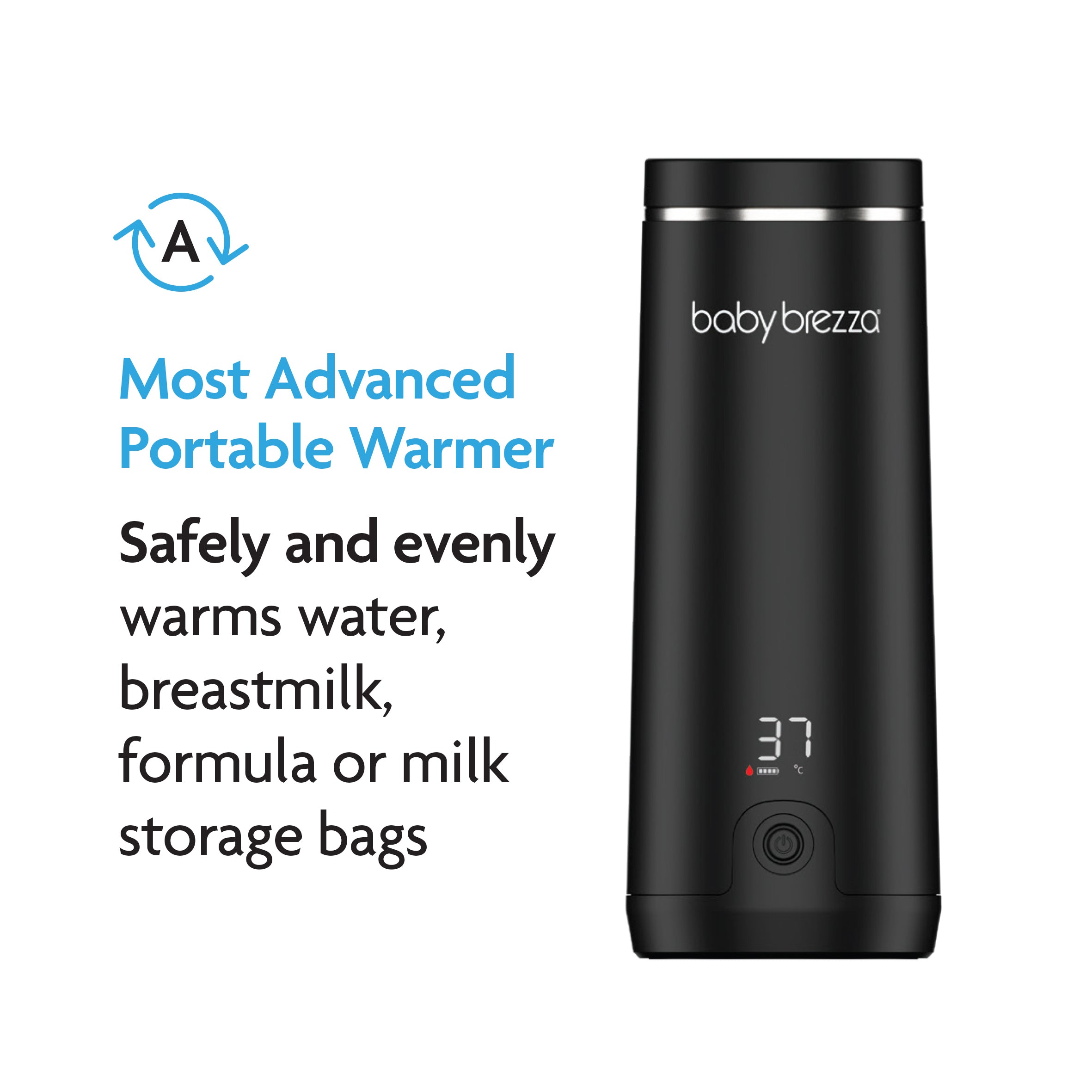 A black Baby Brezza UK ALWAYS READY BUNDLE: Formula Pro Advanced + Superfast Portable Warmer shown with LED display at 37°C. Most advanced portable warmer—safely warms water, breastmilk, formula, or milk bags; ideal for use with the Formula Pro Advanced. - product thumbnail