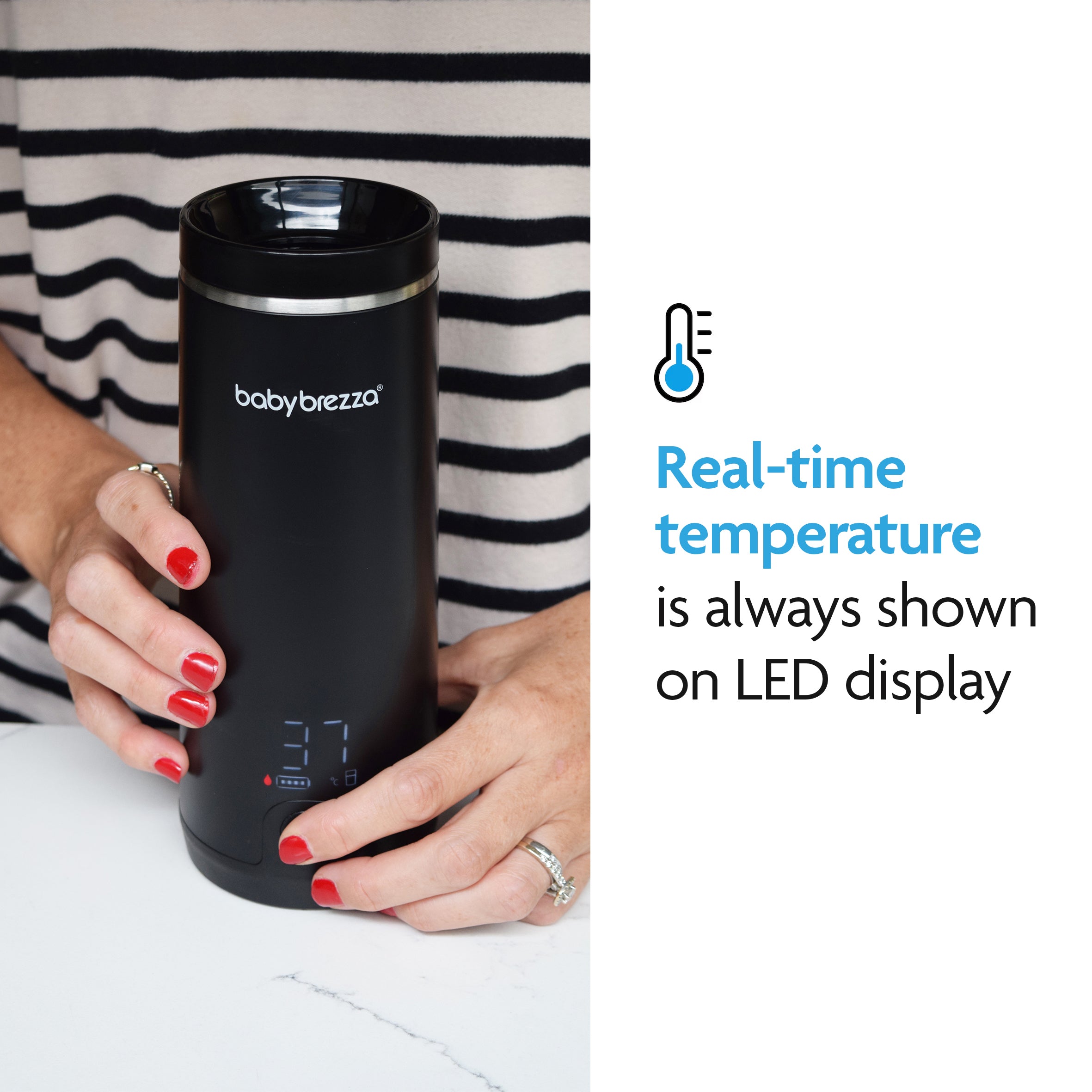 A person with red nail polish holds a black Baby Brezza UK ALWAYS READY BUNDLE: Formula Pro Advanced + Superfast Portable Warmer, its LED screen displaying 37°C. Text reads: Real-time temperature always shown on LED display with a thermometer icon. - product thumbnail