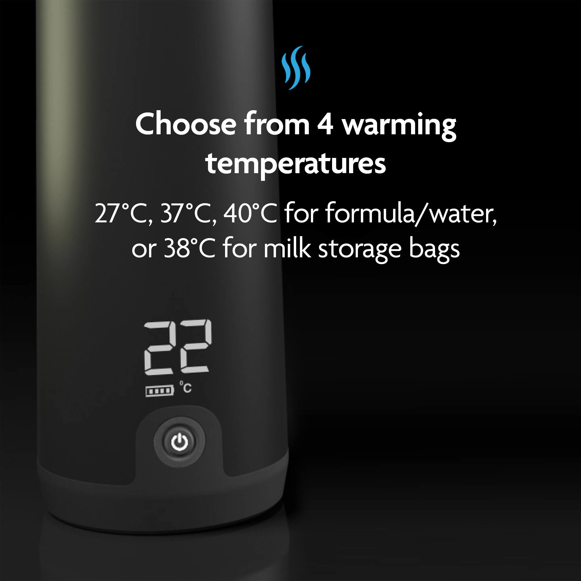 The Baby Brezza UK ALWAYS READY BUNDLE (Formula Pro Mini + Superfast Portable Bottle Warmer) shows 22°C and offers four warming options—27°C, 37°C, 38°C for milk bags, and 40°C. A blue steam icon makes it ideal for travel formula dispensing. - product thumbnail