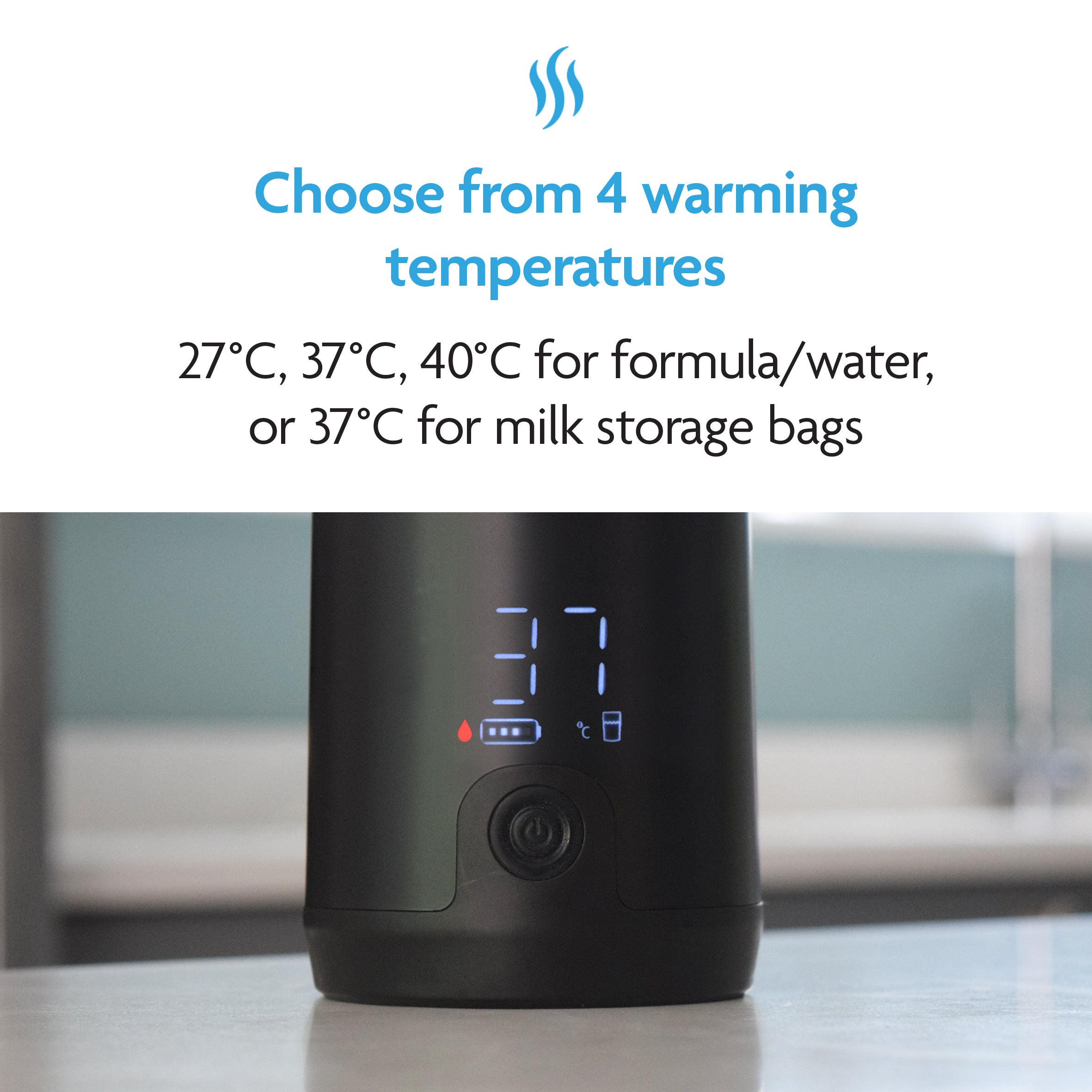The Baby Brezza UK ALWAYS READY BUNDLE: Formula Pro Advanced + Superfast Portable Warmer lets you choose from 4 warming temps—27°C, 37°C, 40°C for formula/water or 37°C for milk storage bags—perfect for every feeding need. - product thumbnail