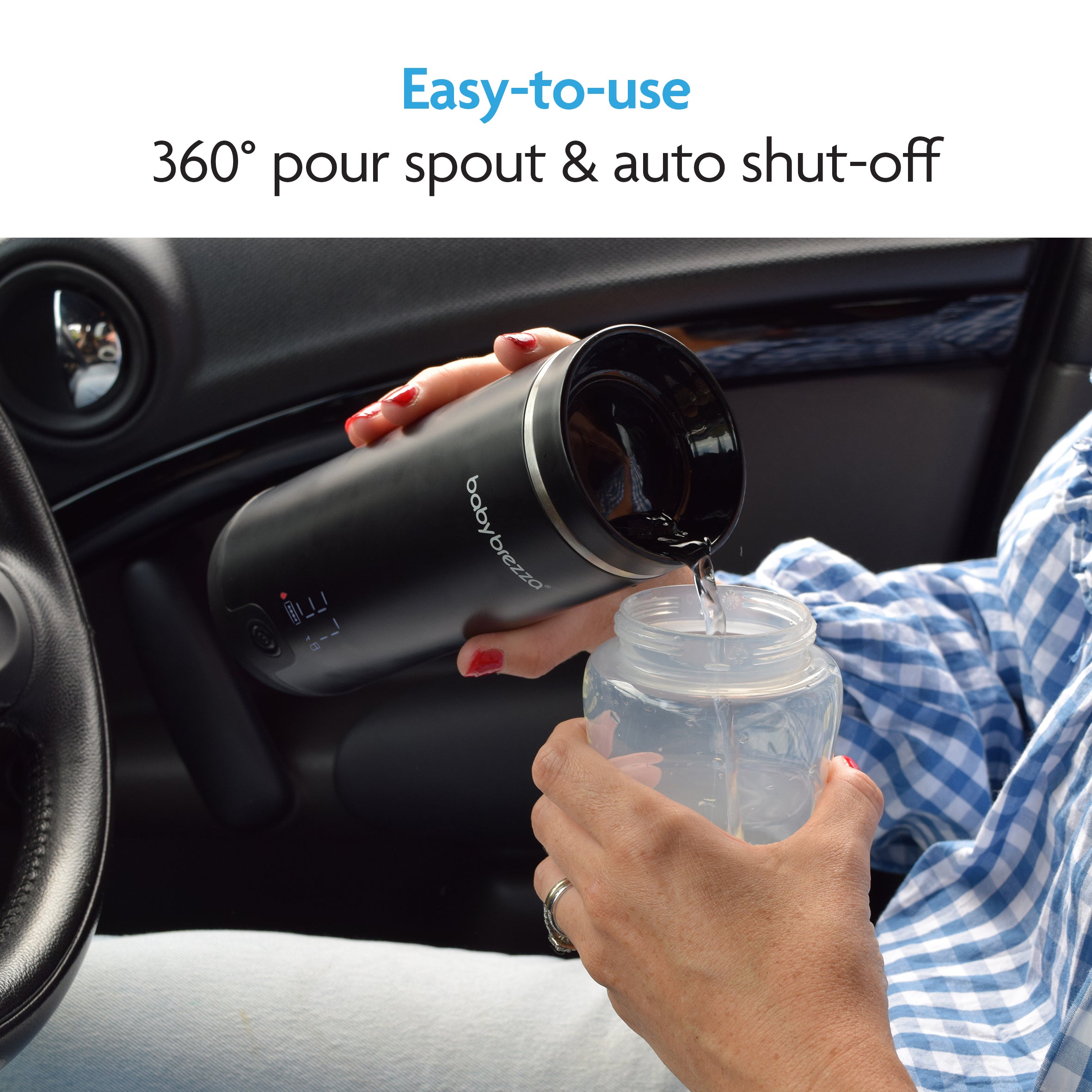 A person in a car pours water from the black Baby Brezza UK ALWAYS READY BUNDLE: Formula Pro Advanced + Superfast Portable Warmer into a baby bottle. Text above: Easy-to-use 360° pour spout & auto shut-off—ideal for parents on the go. - product thumbnail