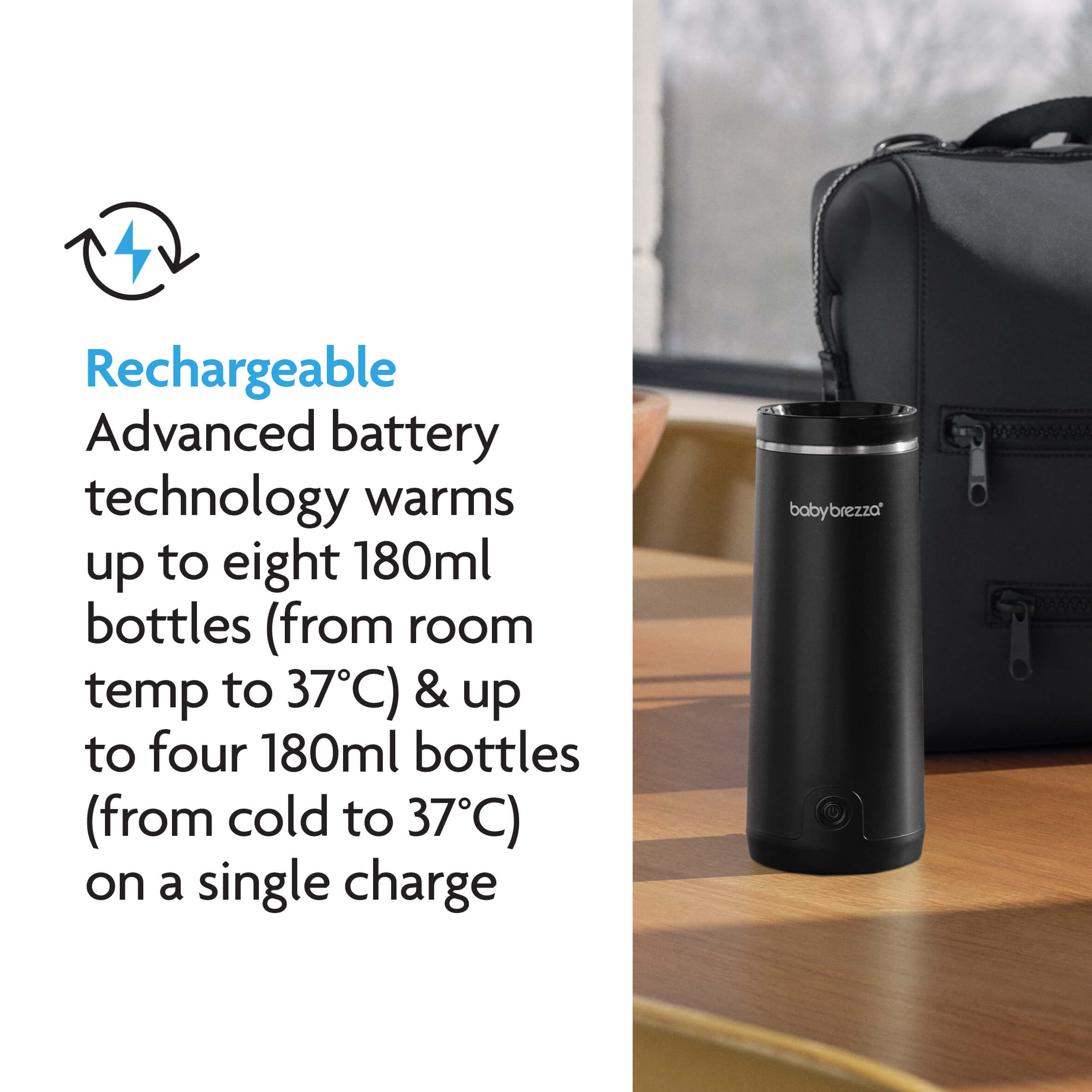 A black portable Baby Brezza UK bottle warmer sits by a bag. Text notes it’s rechargeable and warms up to eight 180ml bottles from room temp or four from cold—making it the perfect partner for your BIG BREZZA BUNDLE - Formula Pro Advanced. - product thumbnail