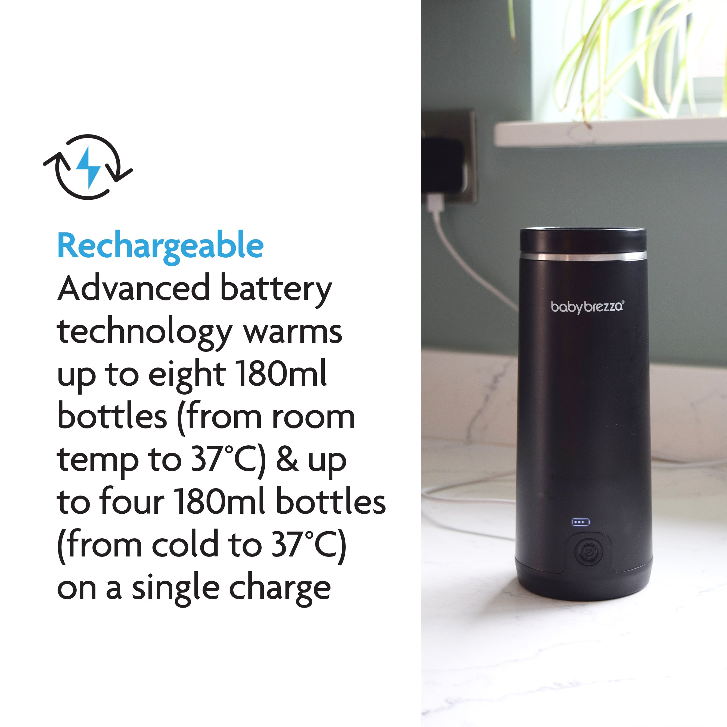 A black Baby Brezza UK ALWAYS READY BUNDLE—Formula Pro Advanced plus Superfast Portable Warmer—rests on a white counter by a window. Text notes the rechargeable warmer heats eight 180ml bottles per charge for perfect pairing. - product thumbnail